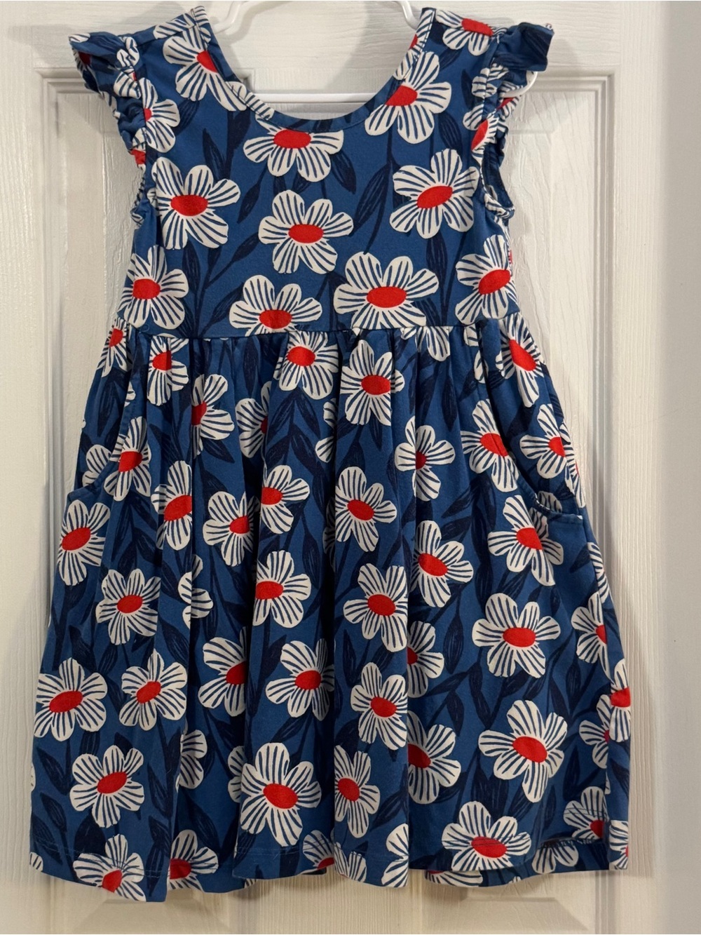 Hanna Andersson Baby Girl Navy Floral Dress White & Red Flowers Ruffle Sleeves
